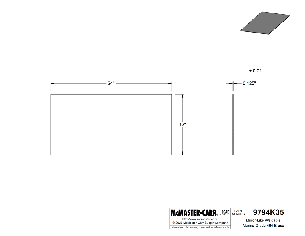 Technical Drawing of Mirror-Like Weldable Marine-Grade 464 Brass, 12" x 24" Sheet, 0.125" Thick.